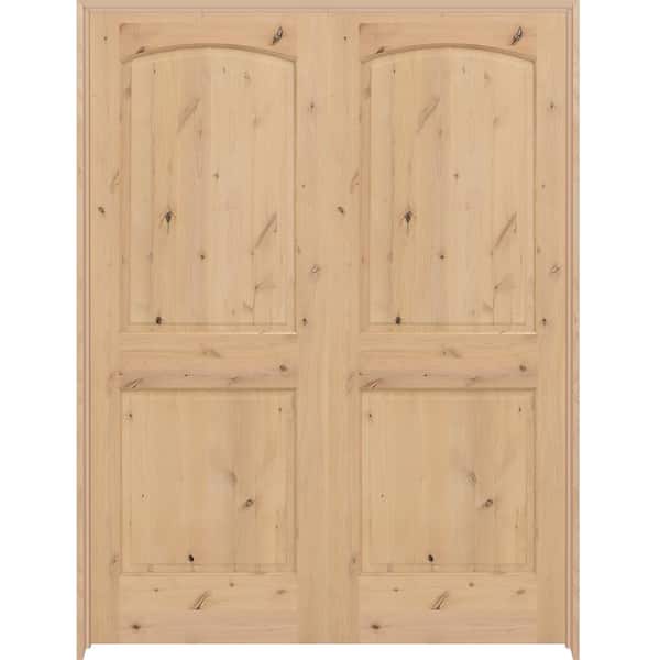 Steves & Sons 48 in. x 80 in. Universal 2P Round Top Unfinished Knotty Alder Double Prehung Interior French Door with Nickel Hinges