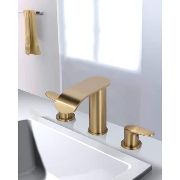 8 in. Widespread Modern Double Handle Waterfall Bathroom Faucet with Pop-up Drain and Supply Hoses in Brushed Gold