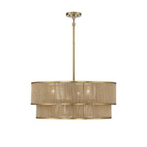 Ashburn 28 in. W x 12 in. H 6-Light Warm Brass Statement Pendant Light with Rope Shade