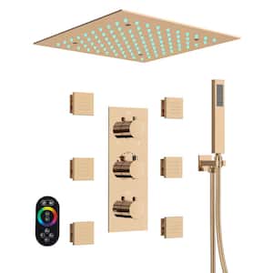5-Spray Square Dual Ceiling Mount Shower Heads, Fixed and Handheld Shower Head 2.5 GPM with 12 in. 64 LED in Rose Gold