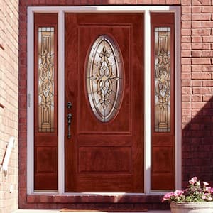 67.5 in.x81.625in.Silverdale Patina 3/4 Oval Lt Stained Cherry Mahogany Rt-Hd Fiberglass Prehung Front Door w/Sidelites
