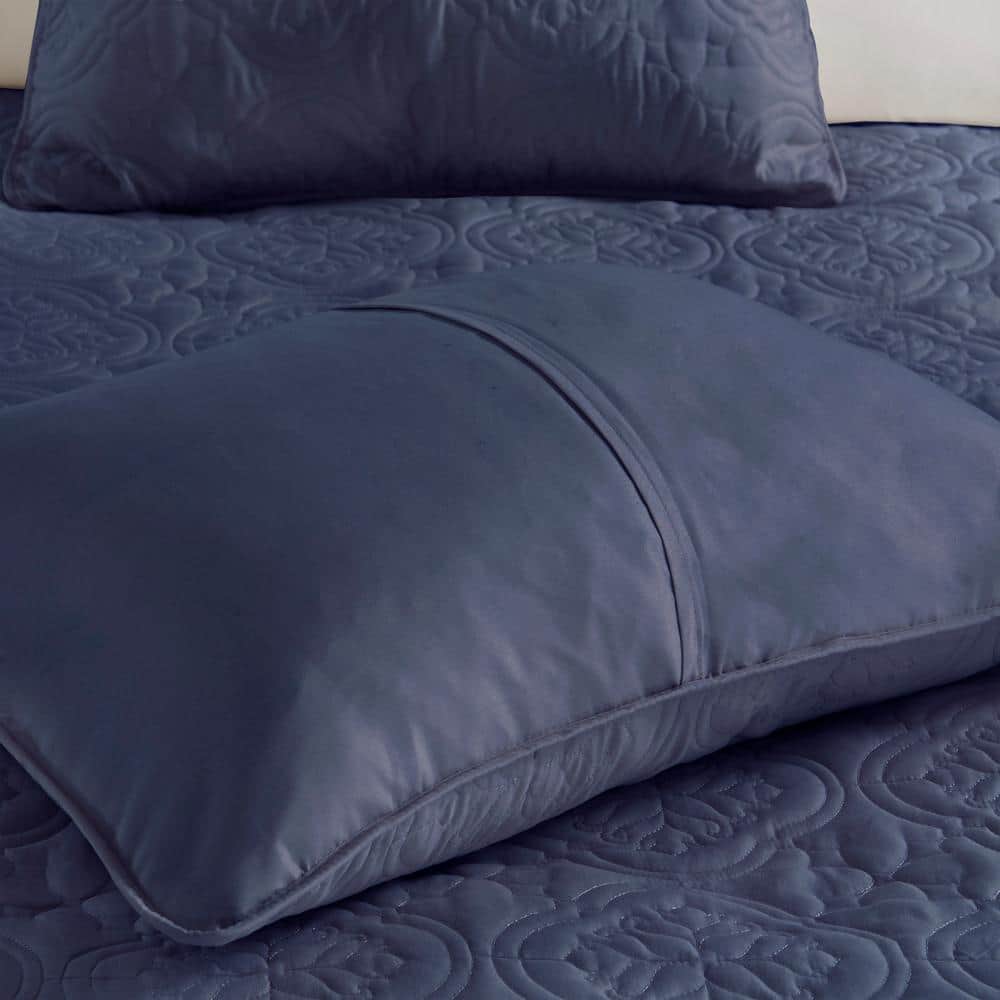 Navy King-Size Reversible Microfiber Bedspread Set with Classic Stitch