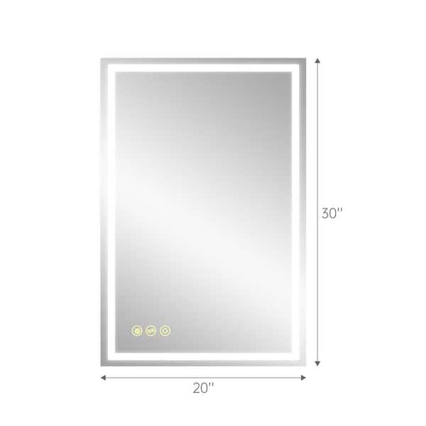 20 in. W x 30 in. H Rectangular Frameless Anti-Fog Wall Mounted LED Light Bathroom Vanity Mirror in Silver