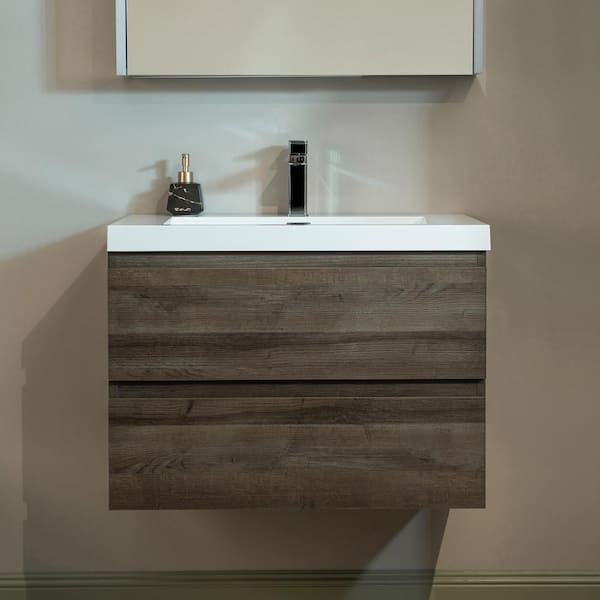 NJ 29.5 in. W x 19.63 in. D x 22.5 in. H Single Sink Floating Bath Vanity in Grey Oak with White Resin Top