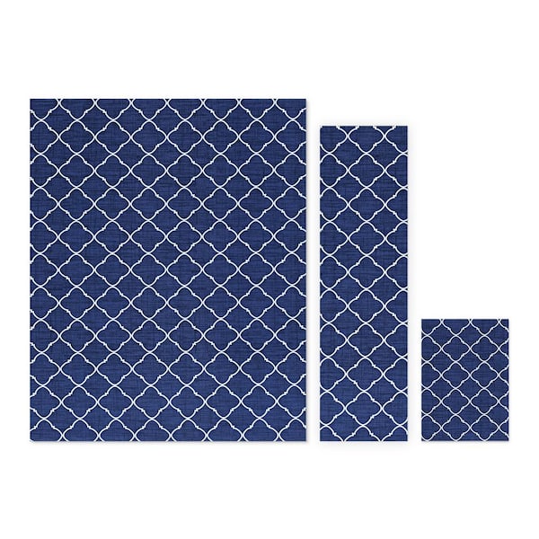 FOSS FLOORS Trellis Blue/White 5 ft. x 7 ft. 3-Piece Rug Set