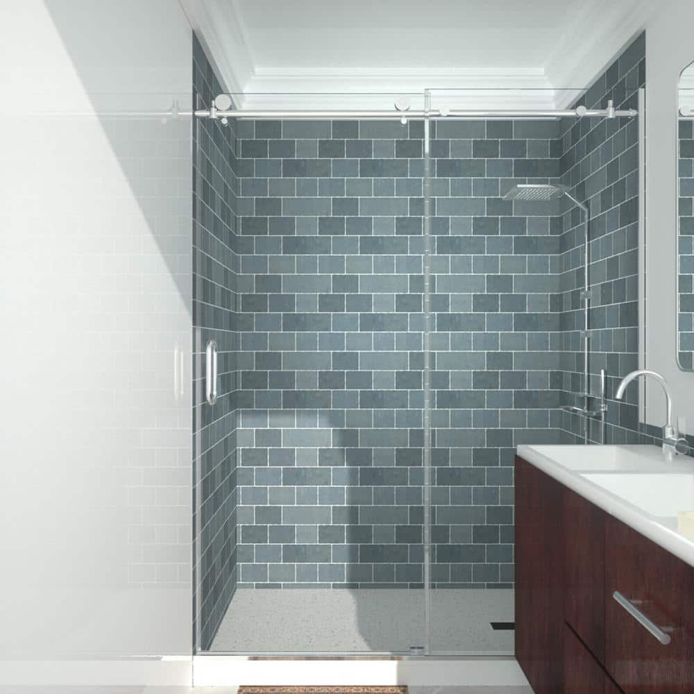60'' Silver Semi-Frameless Sliding Shower Door with Clear Tempered Glass