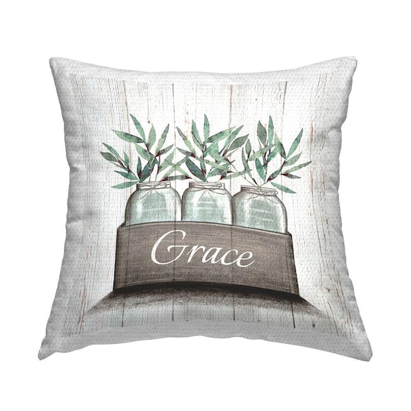Stupell Industries Green Plant Foliage in Jars with Grace Sentiments Off-White Square Outdoor Throw Pillow