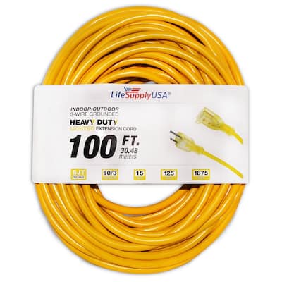 10/3 SJTW Heavy Duty Yellow Cable with 3 Prong Grounded Plug for Safety 100ft - Yellow with Powerblock Lighted Outdoor Extension Cord with 3 Electrical Power Outlets 