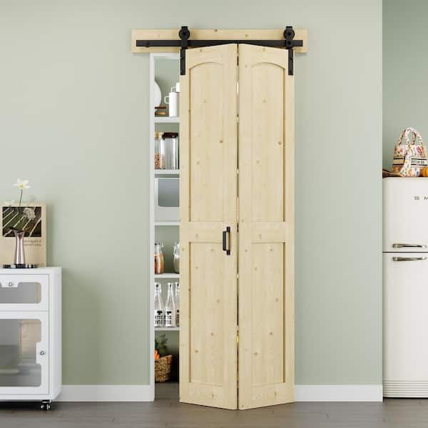 ARK DESIGN 36 in. x 84 in. Paneled H Shape Solid Pine Wood Unfished Bi-fold Sliding Barn Door with Hardware Kit and Handle