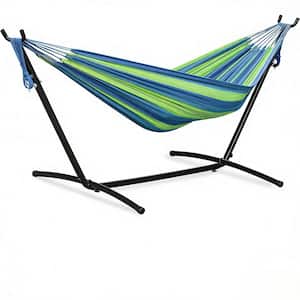 Free Standing Double Hammock with Stand Portable Space Saving Hammock Bed Steel Stand with Carrying Bag in Blue Stripe