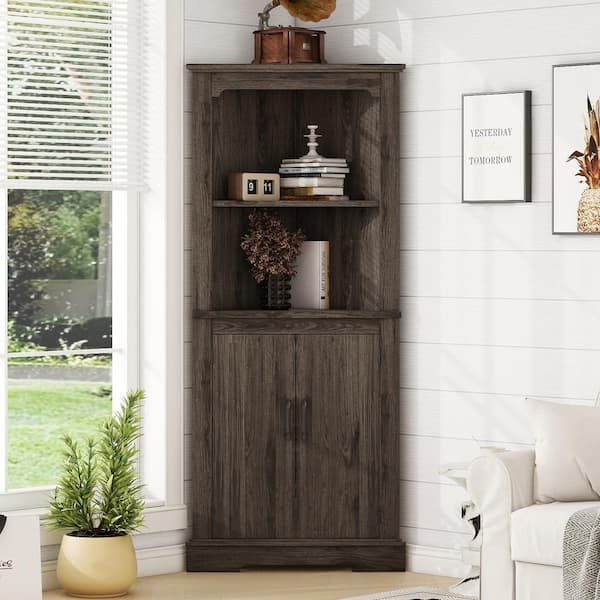 URTR Dark Walnut 69.3 in. H Accent Cabinet Living Room Storage Cabinet Bathroom Corner Cabinet with Doors and Shelves HY03346Y