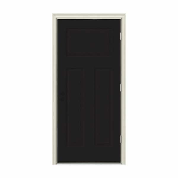 JELD-WEN 30 in. x 80 in. 3-Panel Craftsman Black Painted Steel Prehung Left-Hand Outswing Front Door w/Brickmould