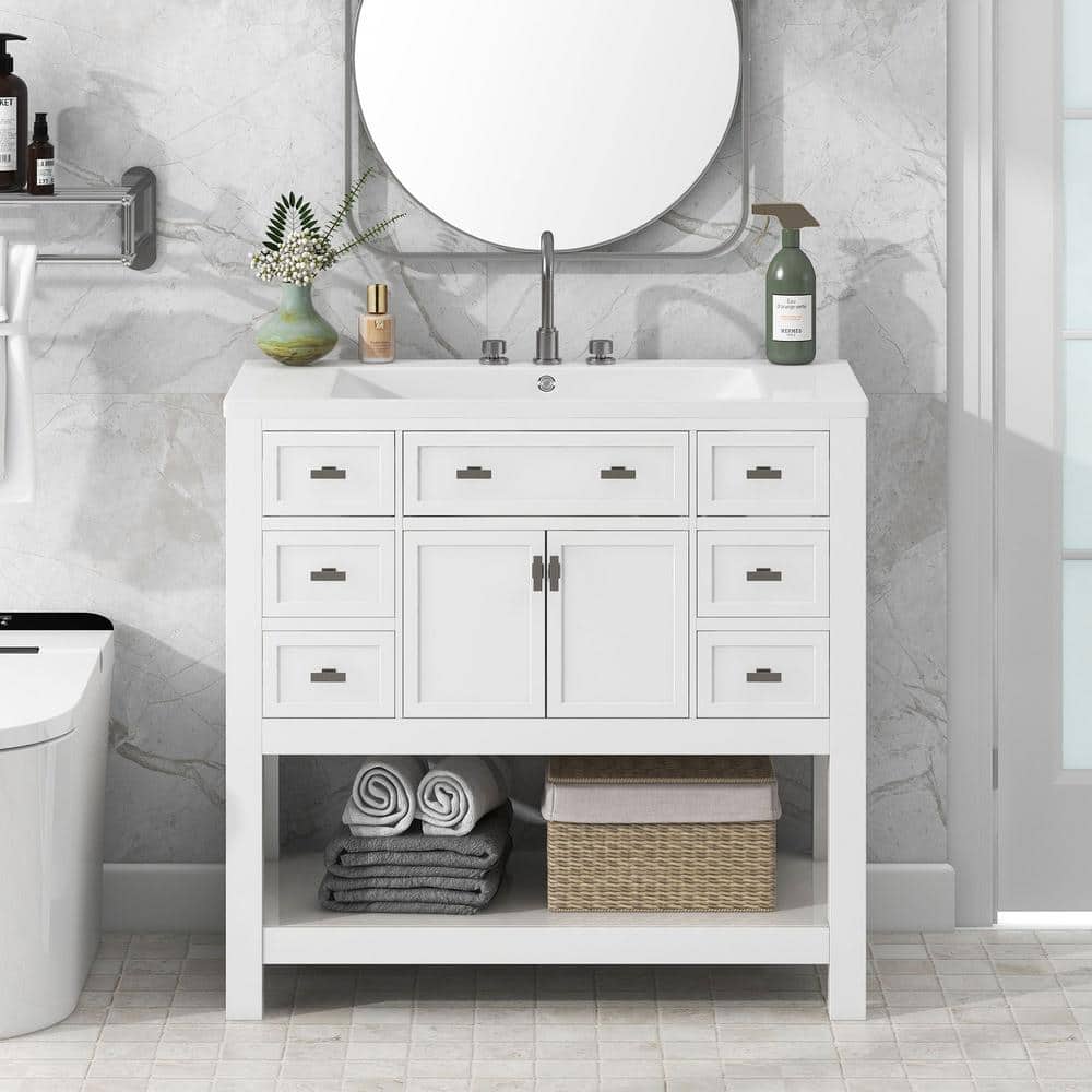 35.2 in. W x 18 in. D x 34.1 in. H Freestanding Bath Vanity in White with W