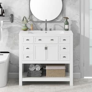 35.2 in. W x 18 in. D x 34.1 in. H Freestanding Bath Vanity in White with White Ceramic Top Single Sink