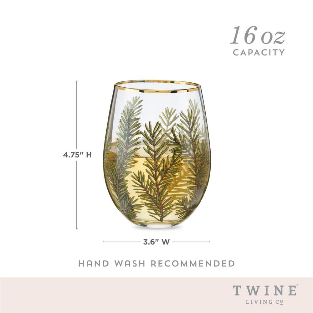 Winter Woodland Stemless Wine Glasses with Gold Rim, 16oz, Set of 2