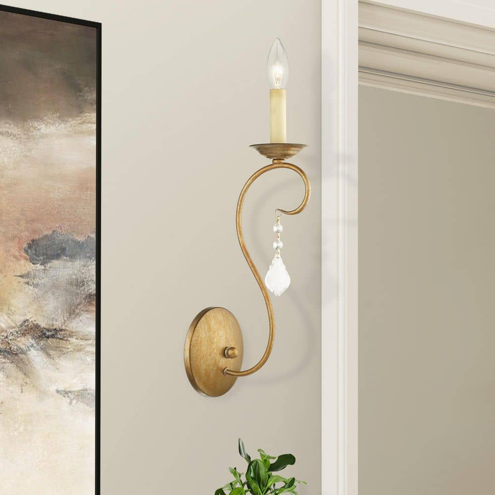 Antique Gold Leaf Single-Light Sconce with Crystal Accents