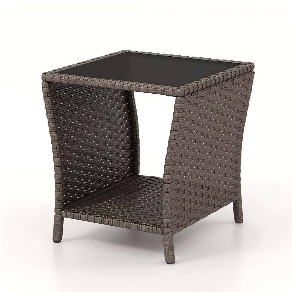 Brown Square Wicker Outdoor Side Table with Tempered Glass Tabletop