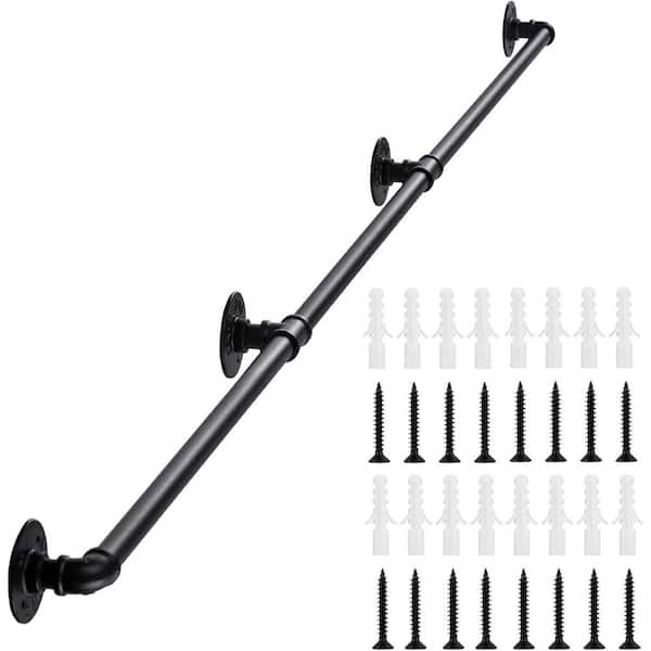 10 ft. Industrial Iron Pipe Metal Hand Rail Matte Black Non-Slip Grab Bar for Indoor Stairs Porch Deck