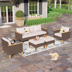 Brown Rattan Wicker 7 Seat 7-Piece Steel Outdoor Sectional Set with Beige Cushions and 2 Ottomans