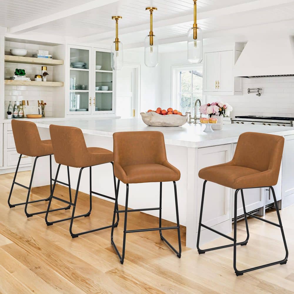 26.5 in. H Faux Leather Bar Stool Counter Height Thick Seat Cushion Bar Chairs with Metal Frame in Brown price history on PriceWatchPro