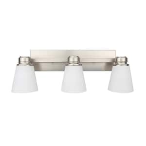 Jordan 3-Light Satin Nickel Vanity Light with Frosted White Glass Shades