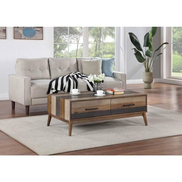 Litton Lane 48 in. x 18 in. Brown Rectangle Wood Striped 2 Drawer Coffee Table with Black Accents and Flared Legs