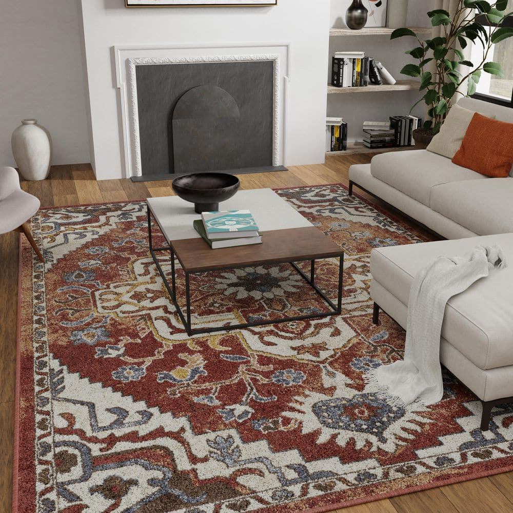 Oriental-Inspired Orange Watercolor 6' x 9' Synthetic Area Rug