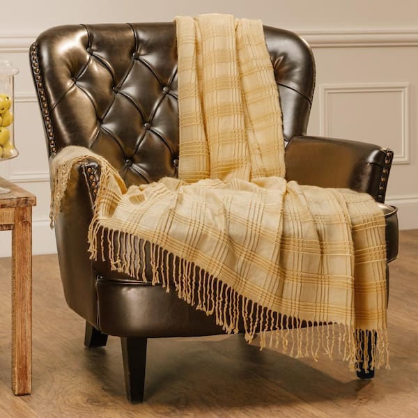 Pleated Solid Yellow Acrylic Throw Blanket with Tassels - 50 in. x 65 in.