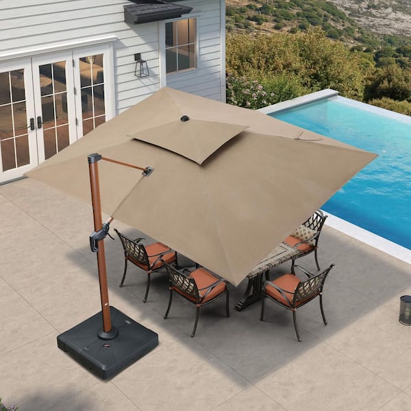 10 ft. x 13 ft. Sunbrella Aluminum 360° Rotation Wood Pattern Cantilever Patio Umbrella with Base in Deep Spectrum Sand