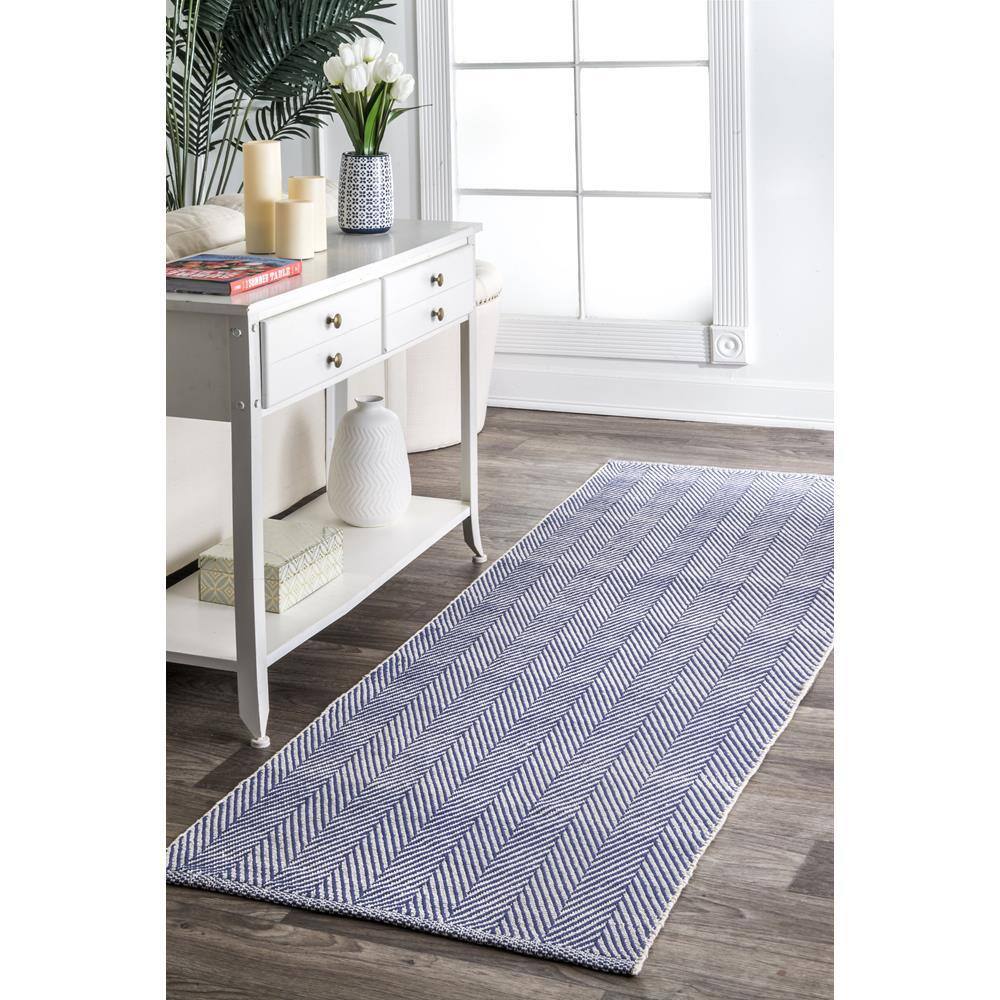Handmade Navy Cotton Stripe Runner Rug, 2'6" x 6'