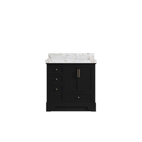 Willow Collections Alys 36 in. W x 22 in. D x 36 in. H Right Offset Single Sink Bath Vanity in Black with 2 in. Viola Gold Quartz Top