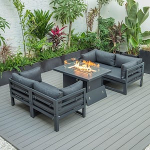 Chelsea Black 5-Piece Aluminum Sectional and Patio Fire Pit Set with Black Cushions