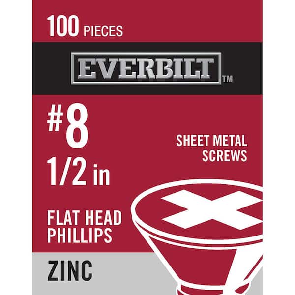 Everbilt #8 x 1/2 in. Zinc Plated Phillips Flat Head Sheet Metal Screw (100-Pack)