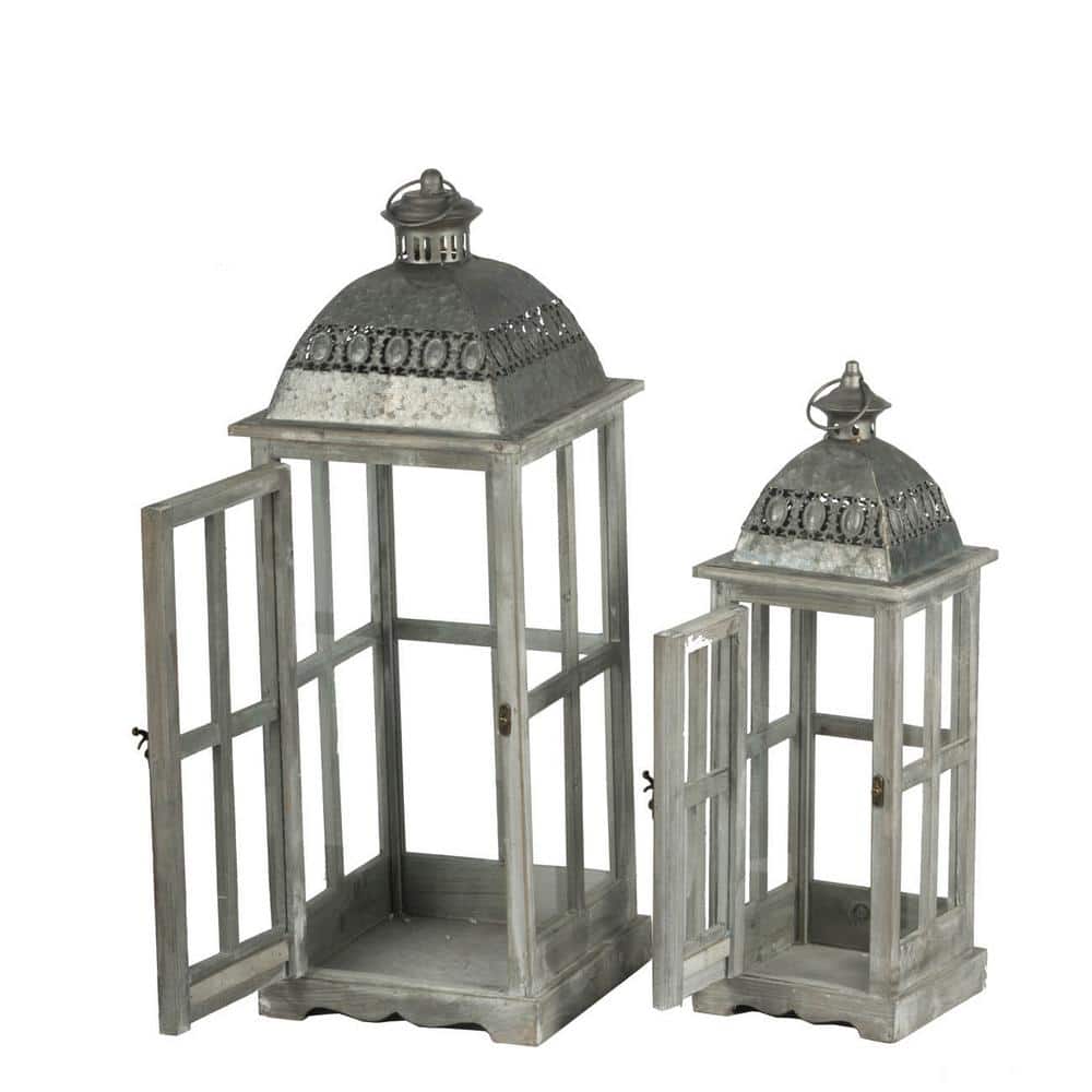 Gray Wooden Candle Lantern Decorative, Hurricane Lantern Holder Decor for I