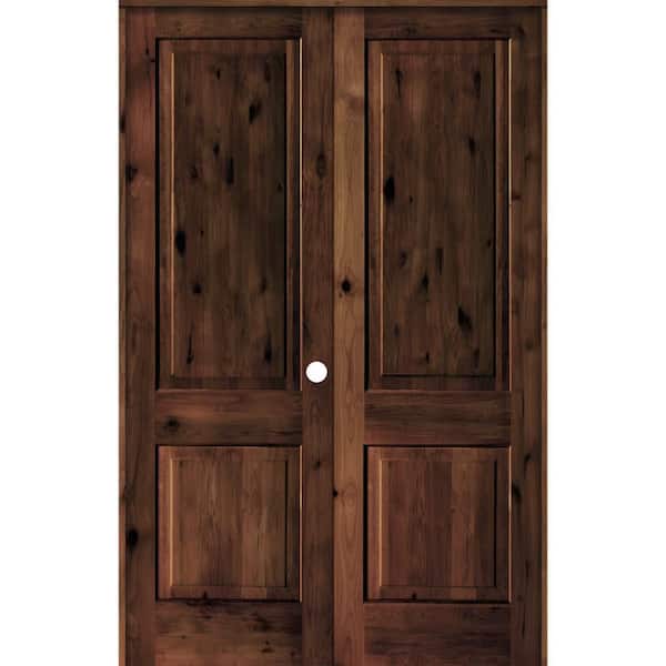 Krosswood Doors 56 in. x 96 in. Rustic Knotty Alder 2-Panel Square Top Left-Handed Red Mahogany Stain Wood Prehung Interior Double Door