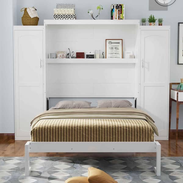 White Wood Frame Queen Size Murphy Bed with 2-Wardrobe and Storage Shelf