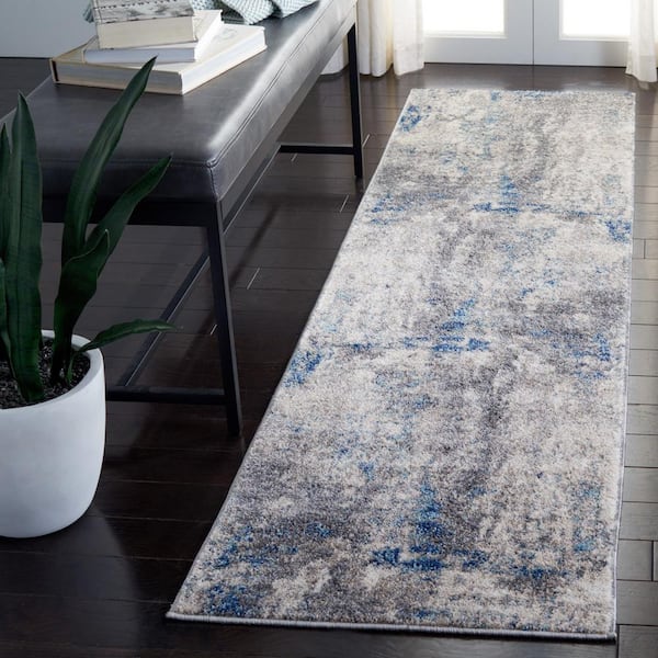 Aston Gray/Navy 2 ft. x 9 ft. Abstract Distressed Geometric Runner Rug