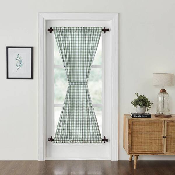 VHC BRANDS Annie Buffalo Check 40 in. W x 72 in. L Light Filtering Rod Pocket French Door Window Panel in Sage Green Soft White