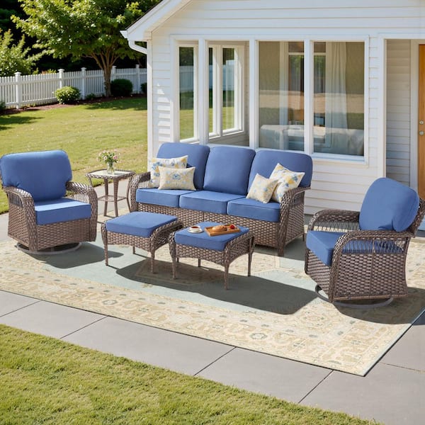 6-Piece Wicker Swivel Patio Conversation Set Including Sofa, Swivel Chairs, Footstools and Table with Blue Cushions