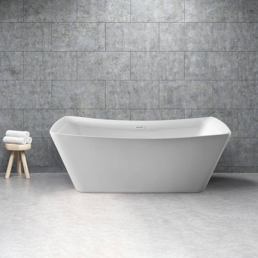 67" Glossy White Freestanding Acrylic Soaking Bathtub with Drain