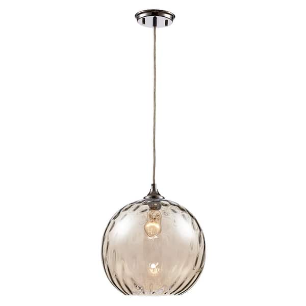 11.6 in. 1-Light Polished Chrome Hanging Pendant Light Fixture with Amber Tinted Glass Shade