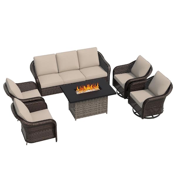 6-Piece Patio Wicker Outdoor Patio Conversation Set with Fire Pit Table, Beige Cushions and Swivel Rocking Chairs