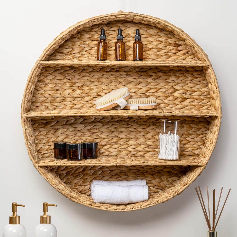 Natural Handwoven Hyacinth Circular Floating Wall Rack
