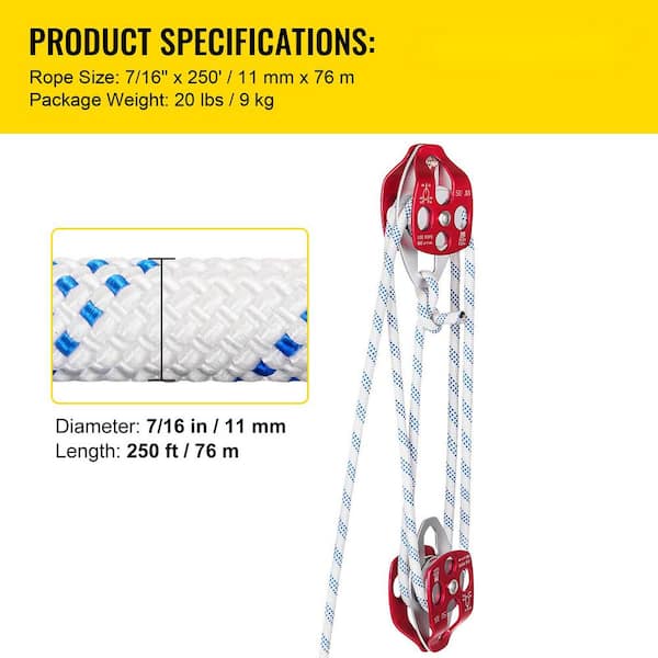 VEVOR 250 ft. L Twin Sheave Block and Tackle 6600 lbs. Capacity Climbing Pulley  System with Double Braid Rope, Red SHLSJTZ11MM76MJLSV0 - The Home Depot