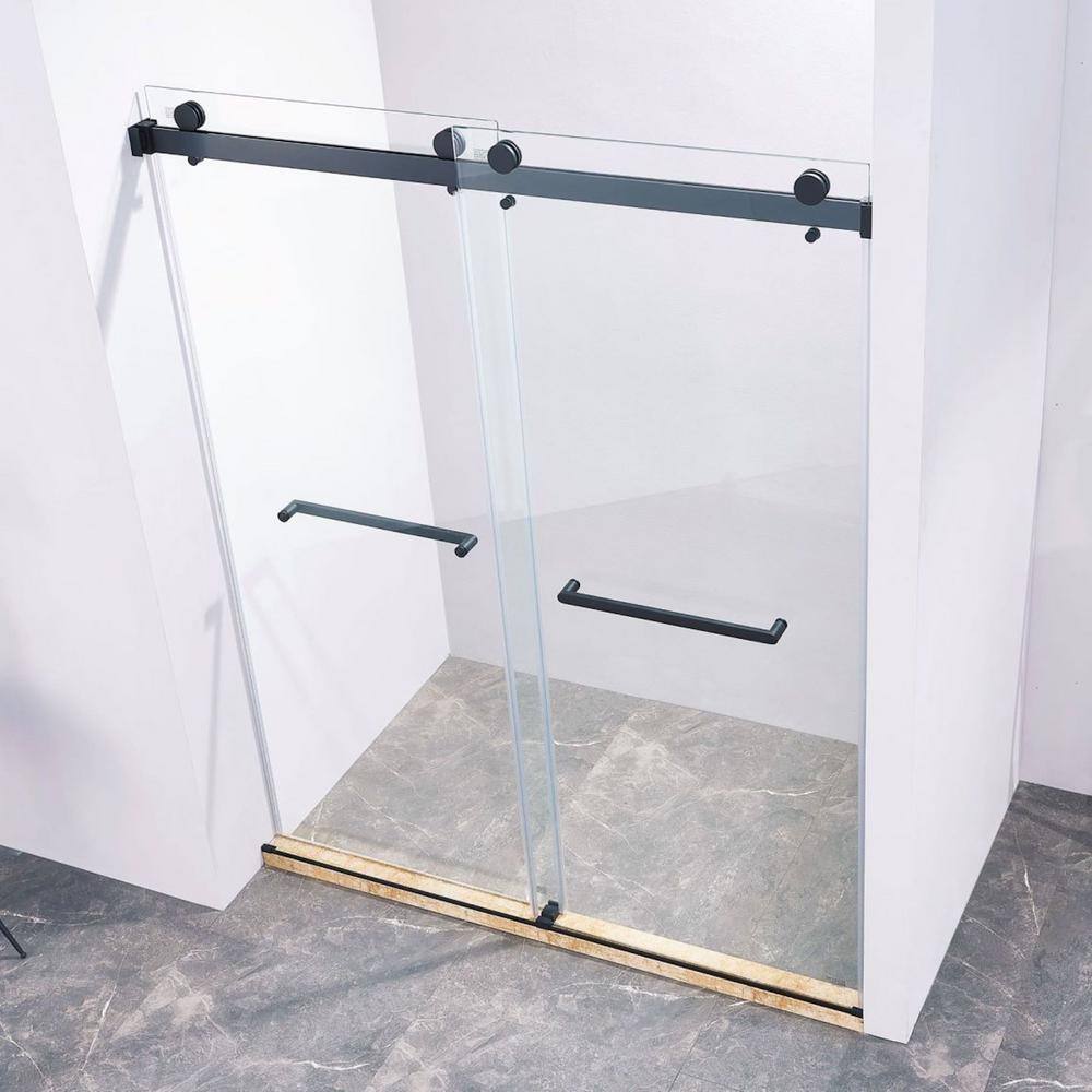 56-60" Frameless Clear Glass Double Sliding Shower Door in Matte Black