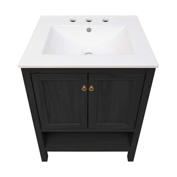 Chateau 24 in. Freestanding Bath Vanity in Black Oak with White Ceramic 3-Hole Widespread Sink Top