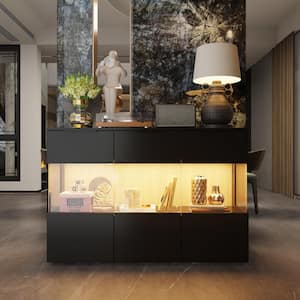 Black Wood 32.1 in. H Accent Cabinet Office Storage Cabinet with 9-Shelves and Tempered Glass Doors, 3-Color LED Lights