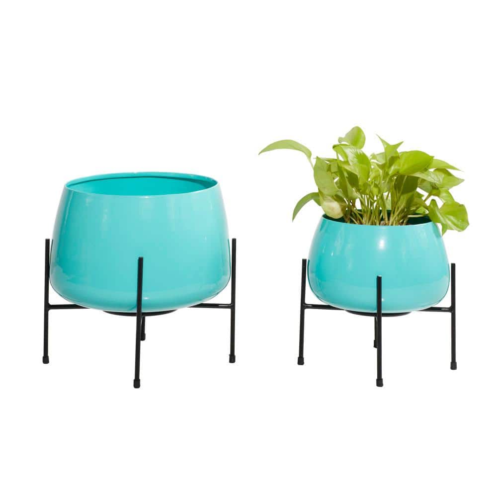 Teal Polished Metal Indoor/Outdoor Floor Planter Set with Black Stands