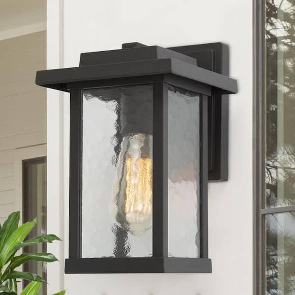 LNC Matte Black Outdoor Wall Lantern Sconce with Textured Glass Shade Modern 1-Light Porch Patio Garden Wall Mounted Light