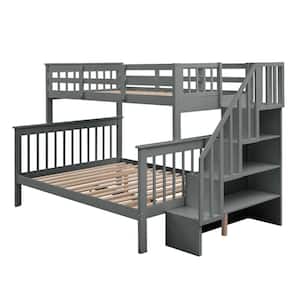 Gray Color Stairway Twin-Over-Full Bunk Bed with Storage and Guard Rail for Bedroom